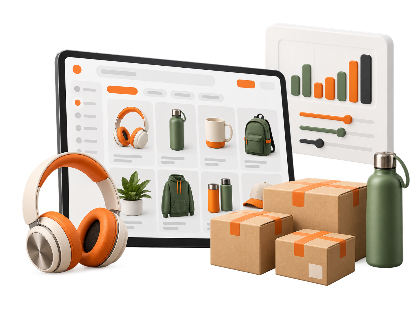 Tablet showing an online store catalog of gear and accessories, surrounded by headphones, bottles, mug, hoodie, backpack, and parcels.