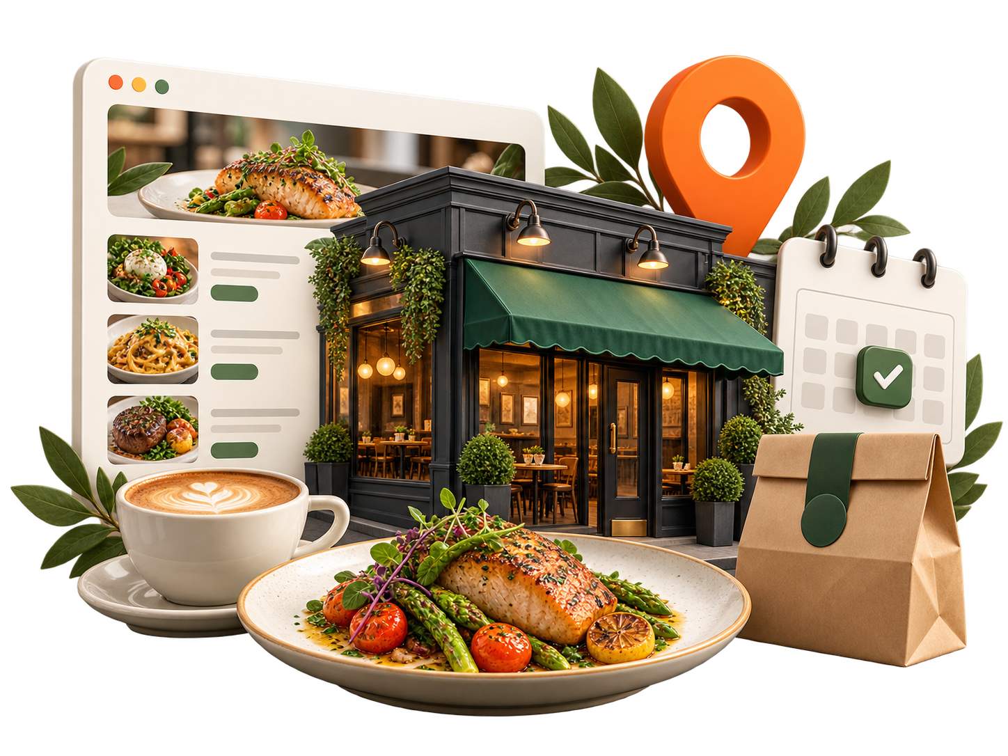 Restaurant storefront with a green awning surrounded by plated dishes, coffee, a takeout bag, and a digital menu interface, illustrating online ordering and dining.