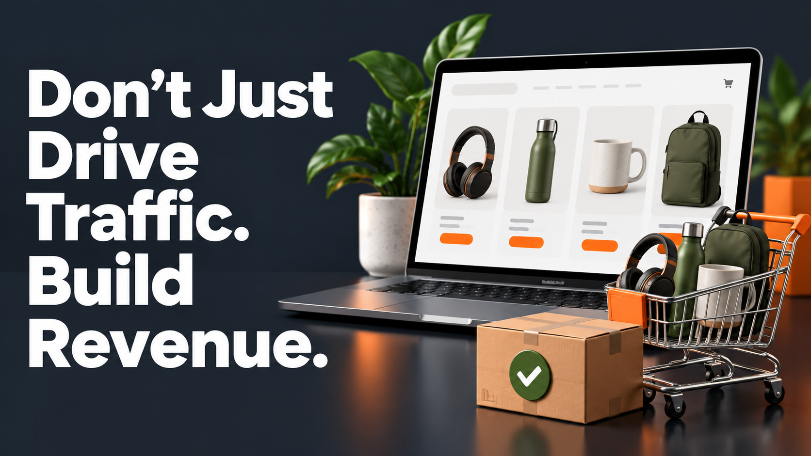 Marketing hero: bold white headline 'Don't Just Drive Traffic. Build Revenue.' with a laptop displaying product cards and a shopping cart scene.