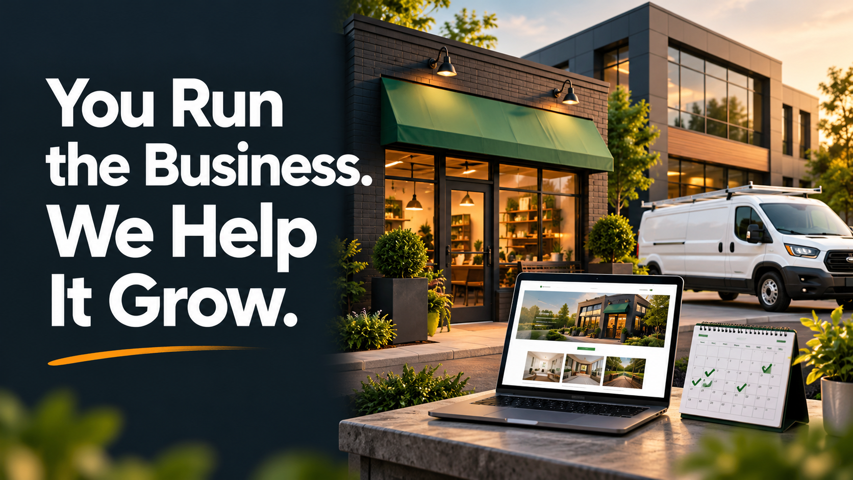 Marketing hero: bold headline on a dark panel beside a storefront, with a laptop displaying a site and a check-mark calendar in the foreground, plus a white van in the background.