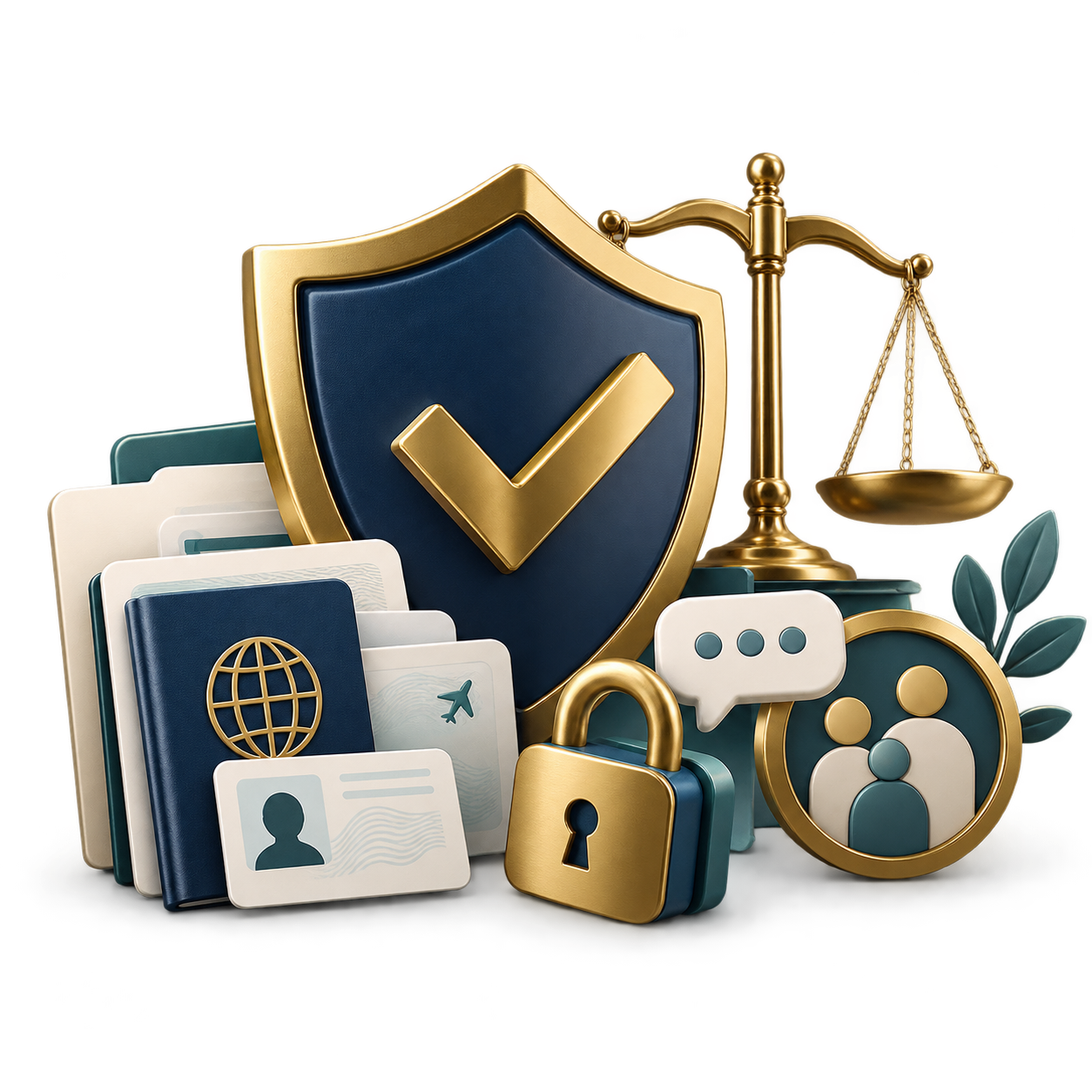 Shield and gold checkmark center foreground with scales, lock, and stacked identity documents symbolizing data protection and privacy