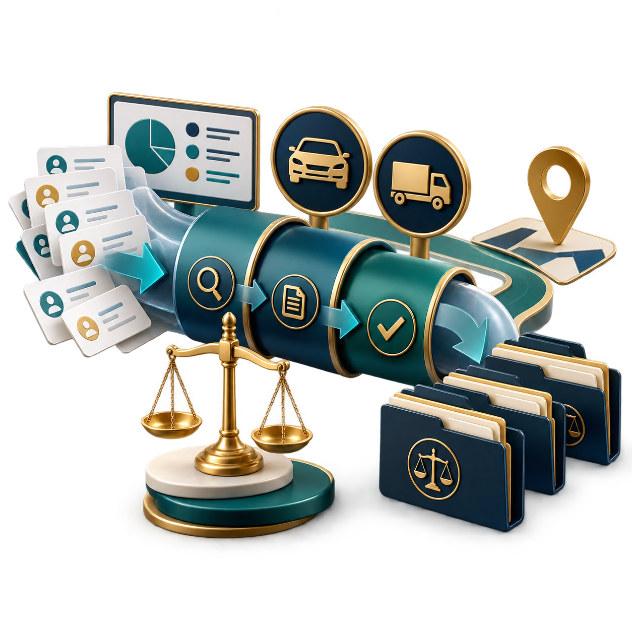 Workflow illustration of documents and analytics flowing through a pipeline with transport icons and a location pin, symbolizing compliance and logistics