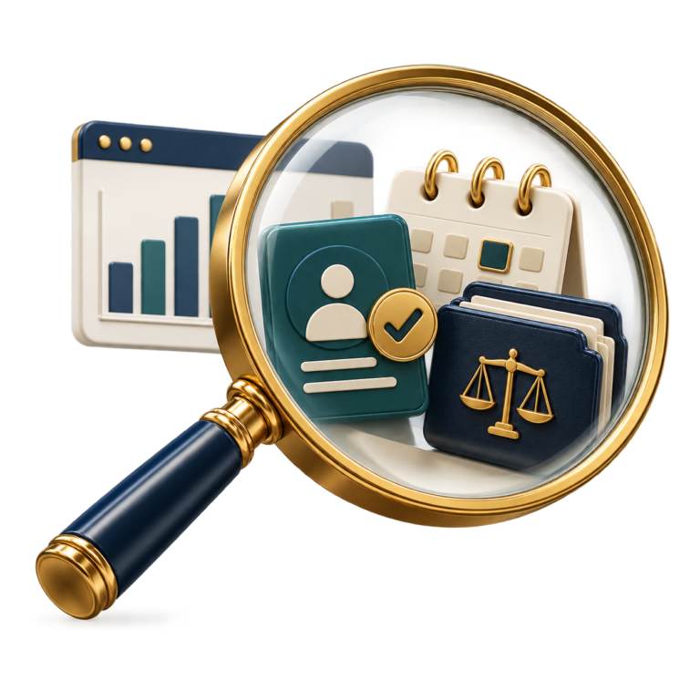 Magnifying glass over a set of business icons—profile card, calendar, folders, and scales of justice—symbolizing due diligence and compliance research.