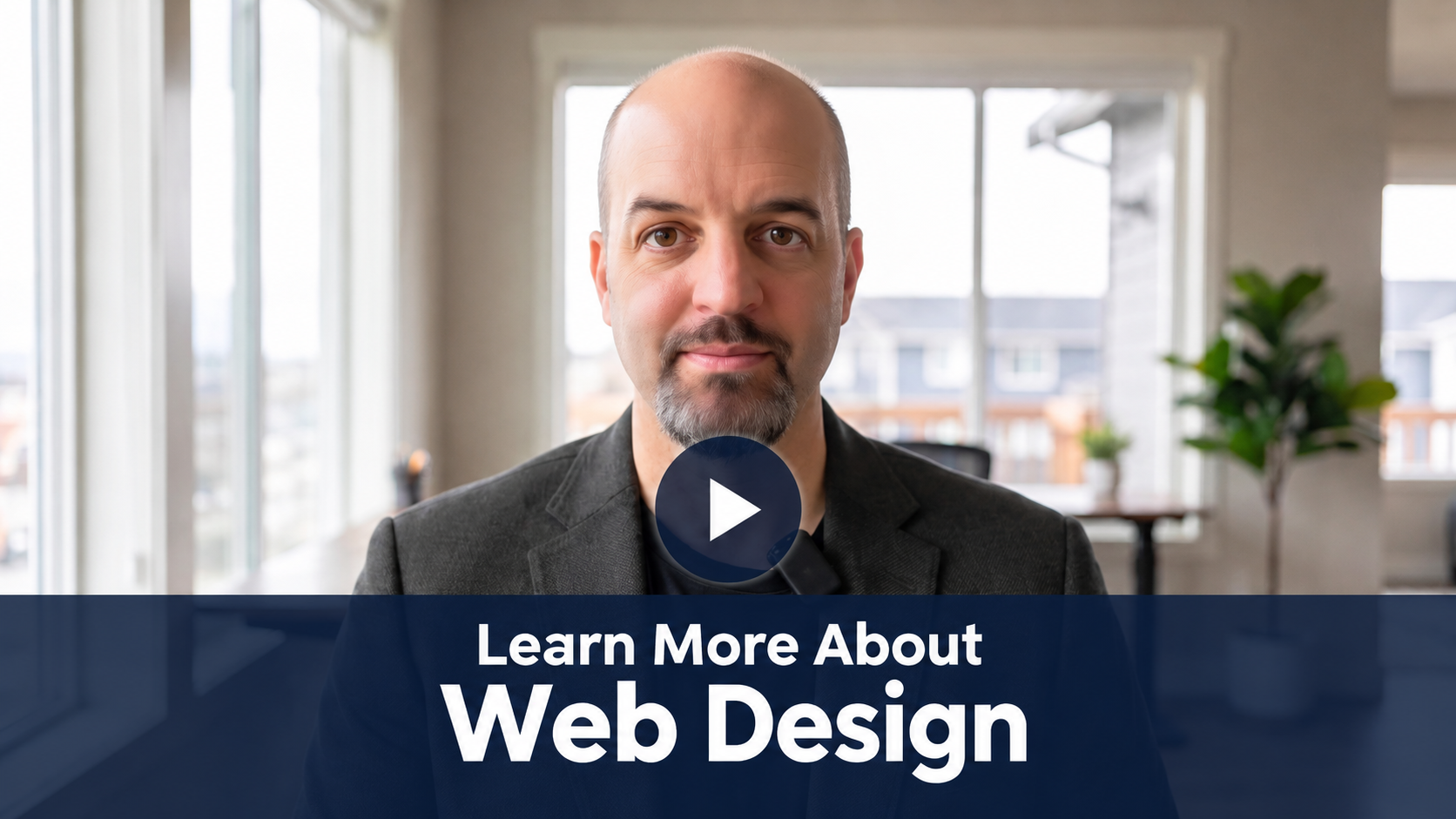Video thumbnail of a man in a blazer in an office, with a blue banner reading 'Learn More About Web Design' and a play button.