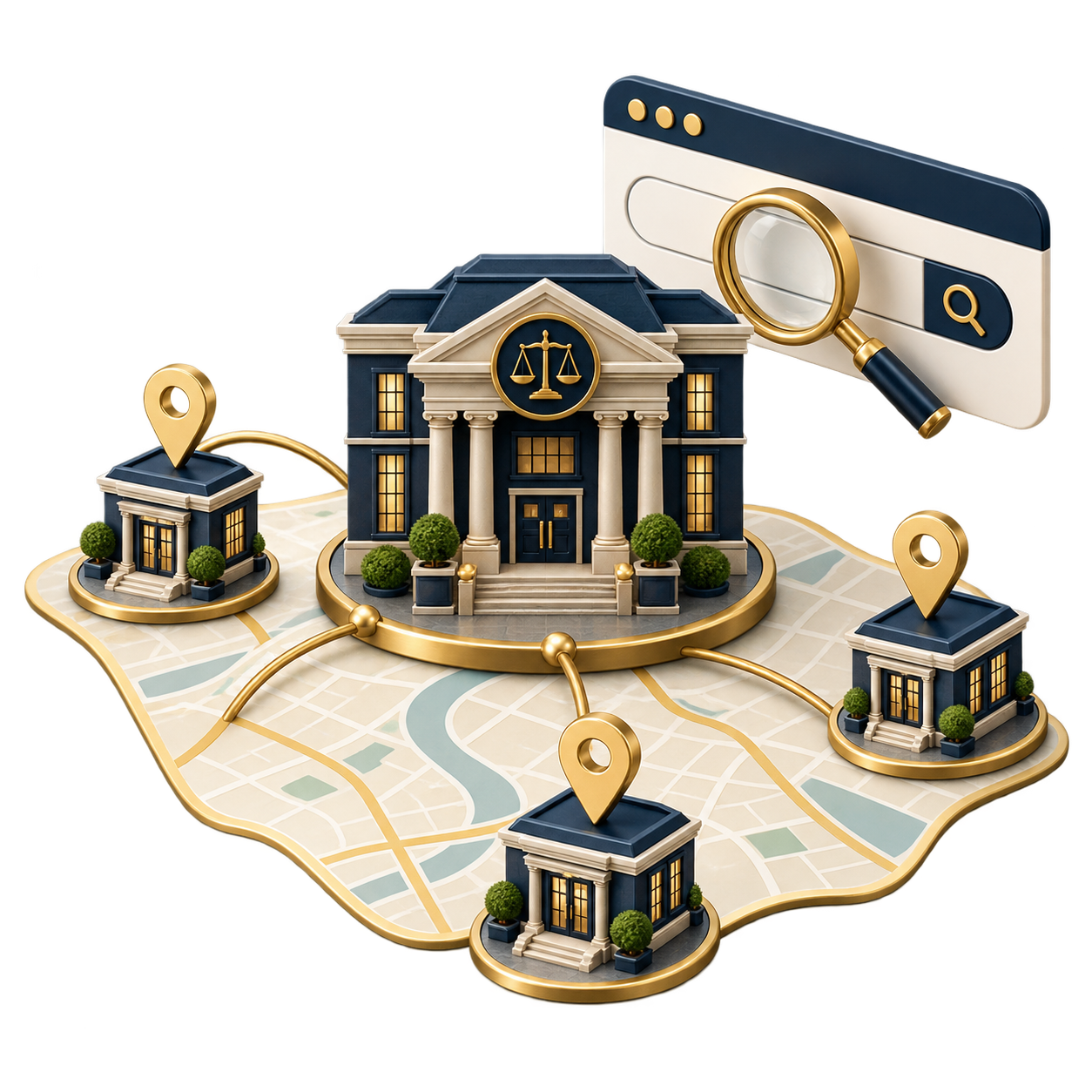 3D map showing a central courthouse with surrounding buildings connected by gold routes and pins and a search bar above.