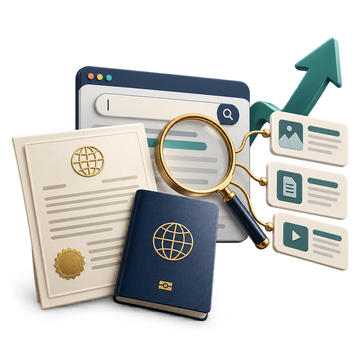 Documents, passport, and a magnifying glass over a web search interface, symbolizing online research or verification of credentials