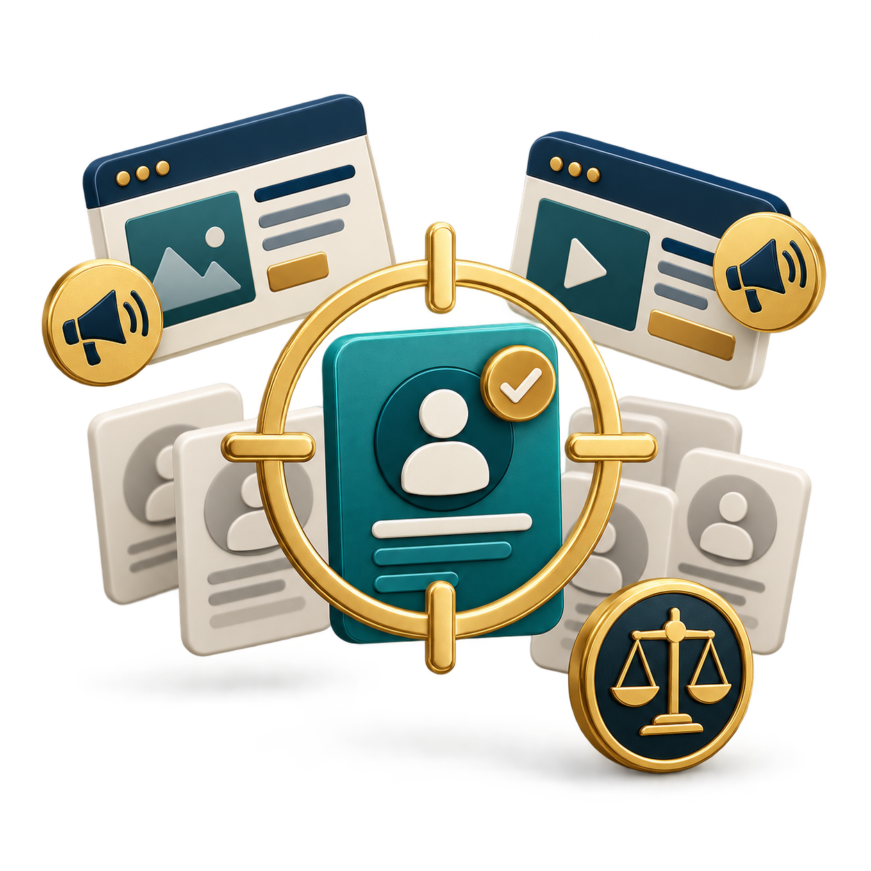 Illustration of identity verification and privacy, a user profile card surrounded by web pages and compliance icons.