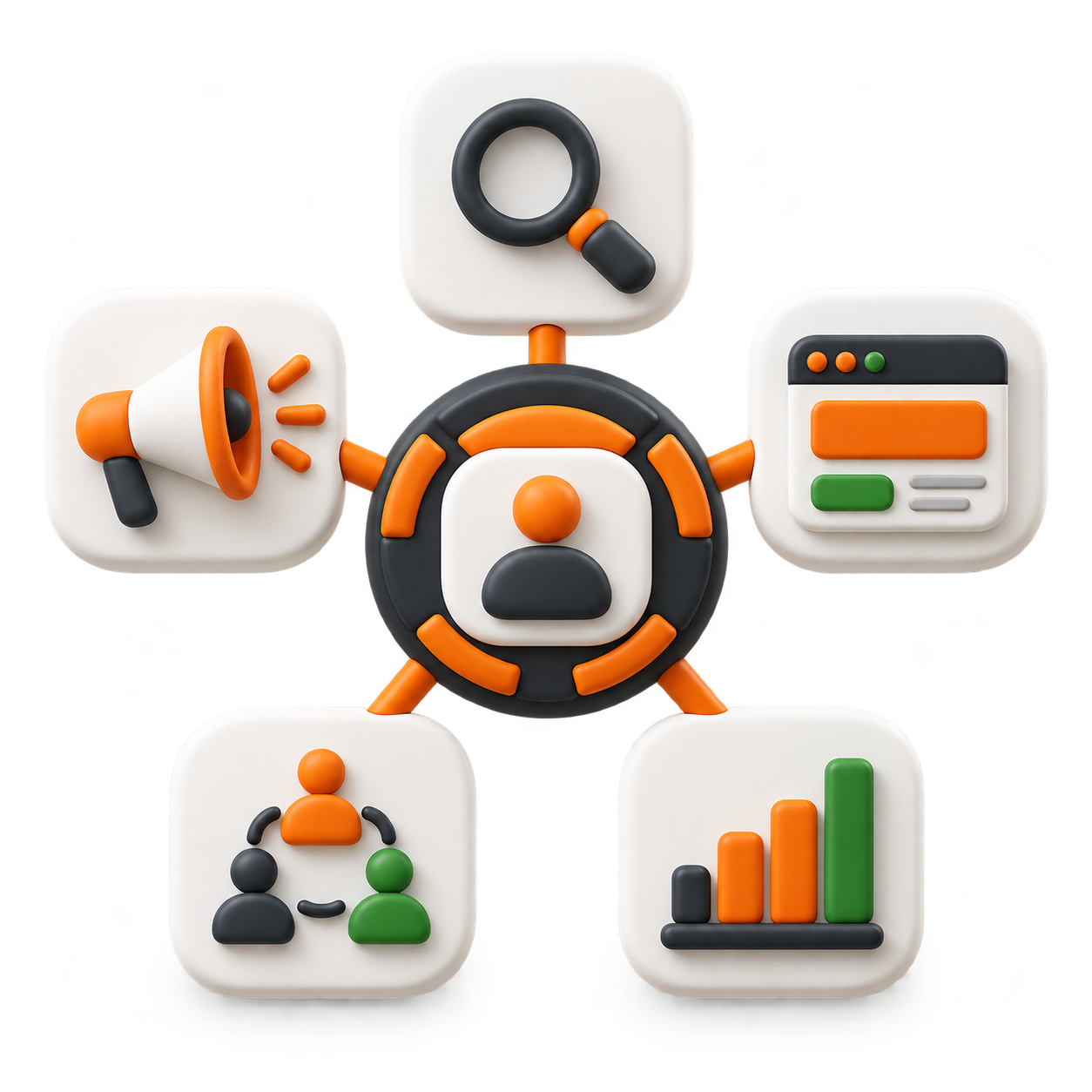 Marketing leadership connected with search, advertising, website, CRM, and reporting specialists.