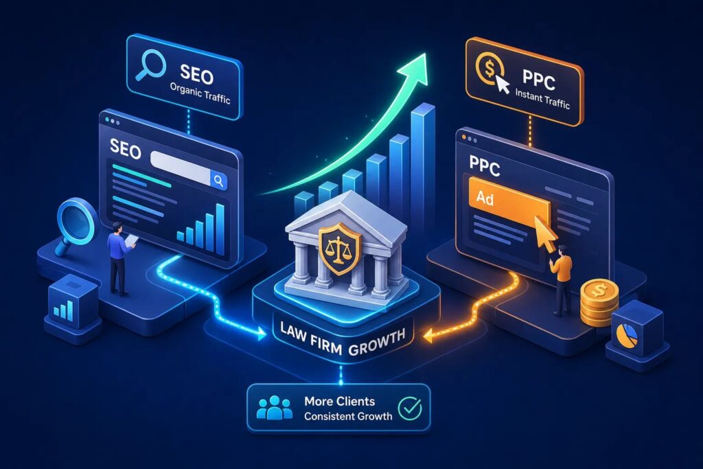 Isometric illustration of a law firm growth concept with SEO and PPC dashboards and upward charts showing increasing performance.