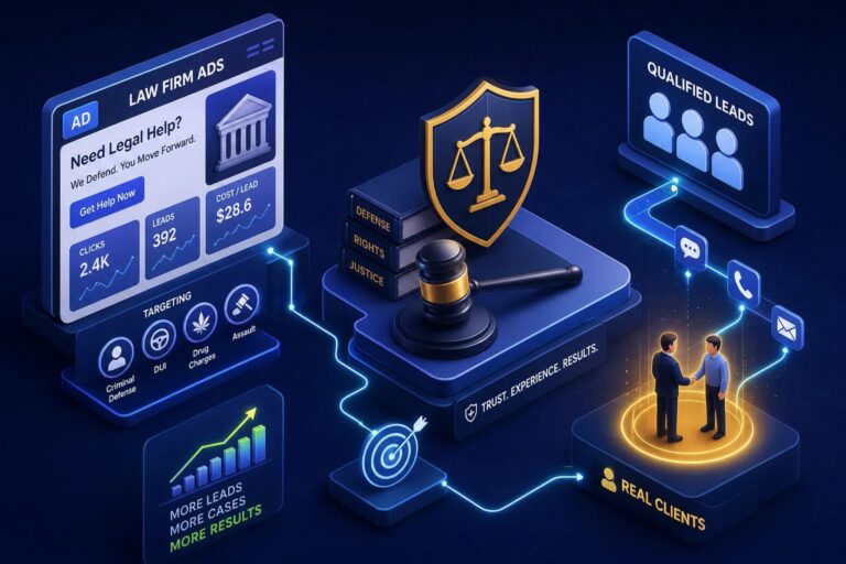 Isometric scene of a law firm ad dashboard with scales of justice, a gavel, and a shield beside a handshake with clients.