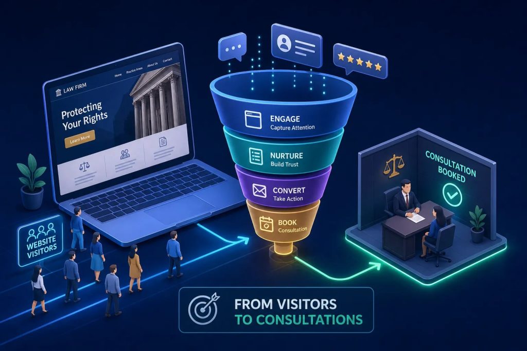 Illustration of a neon funnel showing stages Engage, Nurture, Convert, Book guiding website visitors to a lawyer consultation