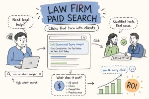 Illustration of a law firm paid search flow: a man at a laptop typing a high-intent query like 'car accident lawyer', an online ads panel labeled 'Experienced Injury Lawyers' leads to a consultation with a lawyer and a client, and a ROI/bar chart at the end shows results.