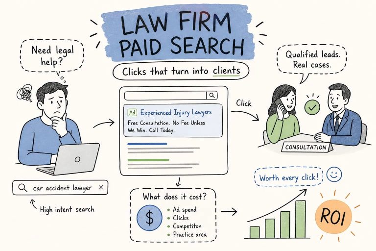 Illustration of a law firm paid search flow: a man at a laptop typing a high-intent query like 'car accident lawyer', an online ads panel labeled 'Experienced Injury Lawyers' leads to a consultation with a lawyer and a client, and a ROI/bar chart at the end shows results.