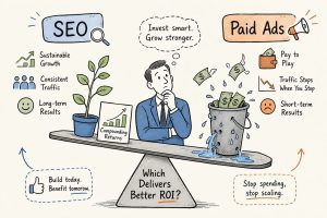 Infographic of a man weighing ROI on a seesaw: left side shows SEO benefits like sustainable growth and long-term results; right side shows paid ads and short-term losses.