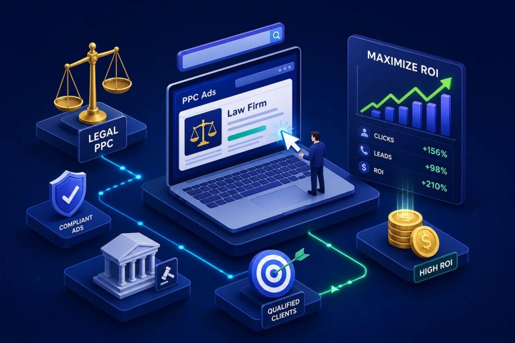 Infographic showing a legal PPC workflow with icons for compliant ads, qualified clients, and high ROI on a dark blue background