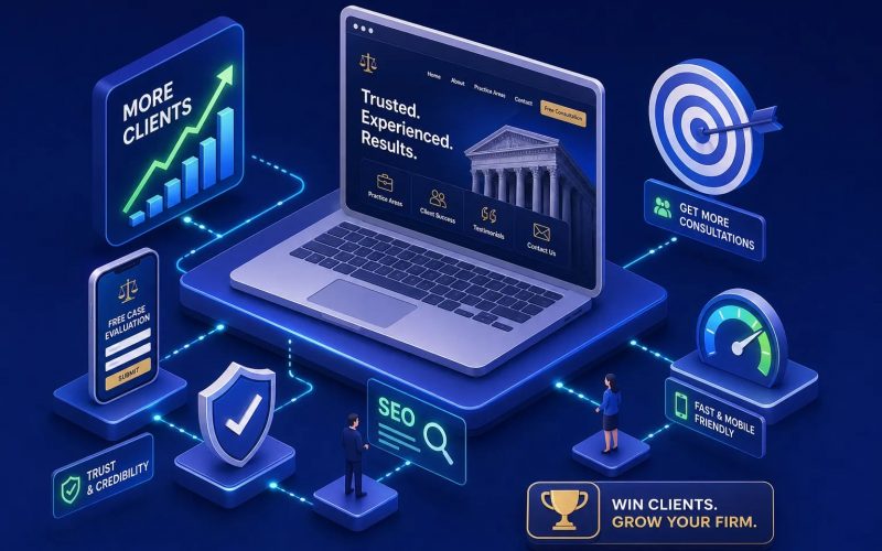 Isometric marketing scene with a laptop at center on a glowing platform, surrounded by a rising graph, target, and SEO/consultation icons.