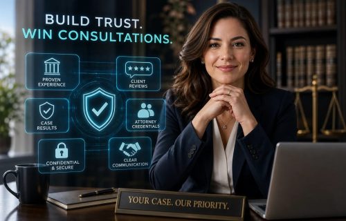 Professional woman at desk with a holographic grid of legal trust icons: proven experience, client reviews, case results, attorney credentials, confidential & secure, clear communication, shield check.