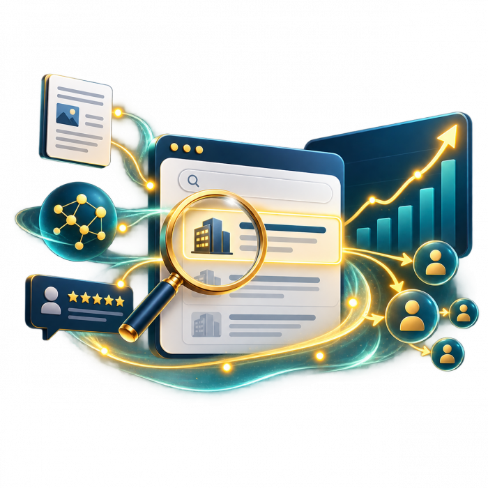 Data analytics concept: a tablet with a magnifying glass over a report, connected to graphs, user icons, and a rising chart.