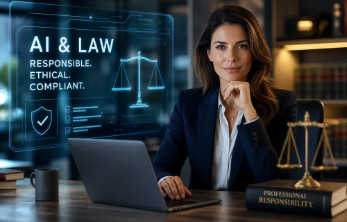 Professional woman at a desk with a laptop and a holographic display reading 'AI & LAW: Responsible, Ethical, Compliant.'
