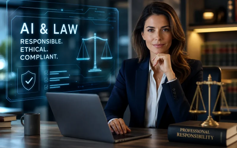 Professional woman at a desk with a laptop and a holographic display reading 'AI & LAW: Responsible, Ethical, Compliant.'