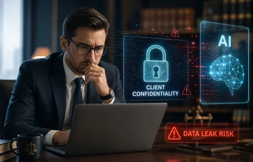 Businessperson at a laptop with holographic security alerts: 'Client Confidentiality' lock and 'AI' graphics, plus a 'Data Leak Risk' warning.