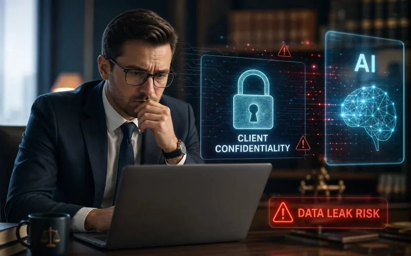Businessperson at a laptop with holographic security alerts: 'Client Confidentiality' lock and 'AI' graphics, plus a 'Data Leak Risk' warning.