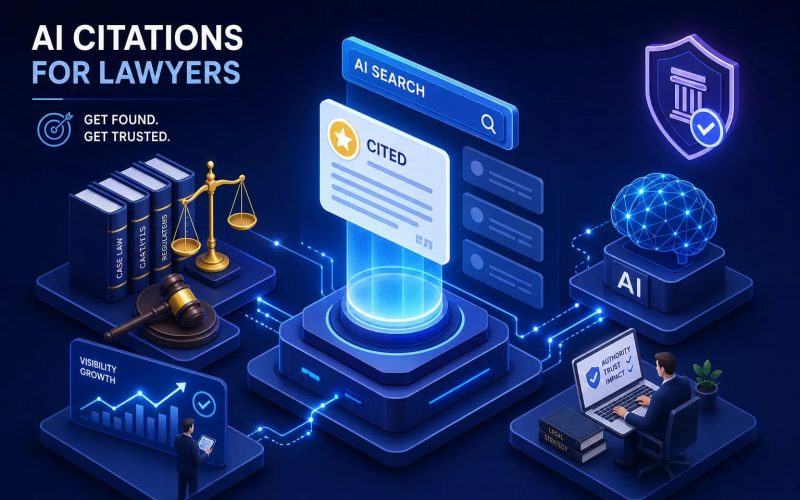 Futuristic isometric scene: AI search banner, cited document, scales of justice, books, gavel, and a lawyer at a laptop.