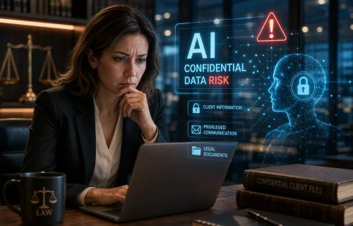 Woman in business attire focused on a laptop, with a holographic display reading 'AI Confidential Data Risk' and security icons nearby (legal office setting).