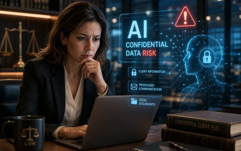 Woman in business attire focused on a laptop, with a holographic display reading 'AI Confidential Data Risk' and security icons nearby (legal office setting).