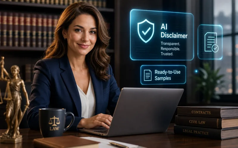 Female lawyer at a desk with a laptop; holographic AI Disclaimer and Ready-to-Use Samples panels beside her.