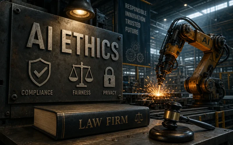 Industrial workshop with a robotic arm welding sparks beside a metal sign reading AI ETHICS: compliance, fairness, privacy.