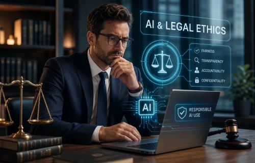 Professional in a suit at a desk, looking at a laptop with a holographic AI & LEGAL ETHICS display showing fairness, transparency, accountability, and confidentiality.