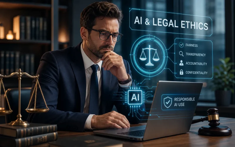 Professional in a suit at a desk, looking at a laptop with a holographic AI & LEGAL ETHICS display showing fairness, transparency, accountability, and confidentiality.