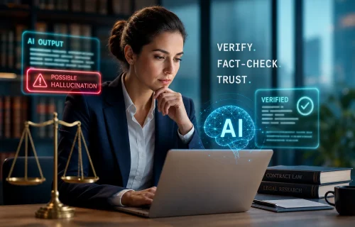 Lawyer at a laptop with glowing AI verification prompts and a 'possible hallucination' alert in a legal office setting with scales nearby