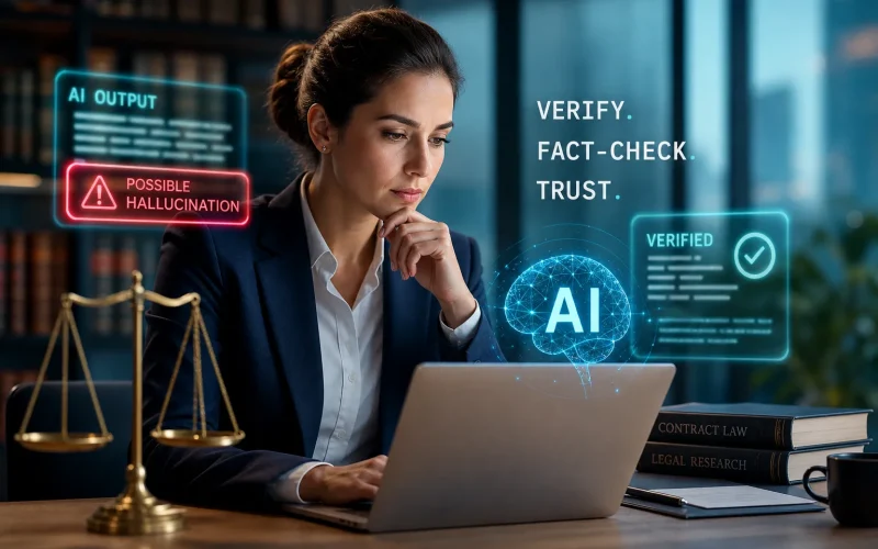 Lawyer at a laptop with glowing AI verification prompts and a 'possible hallucination' alert in a legal office setting with scales nearby
