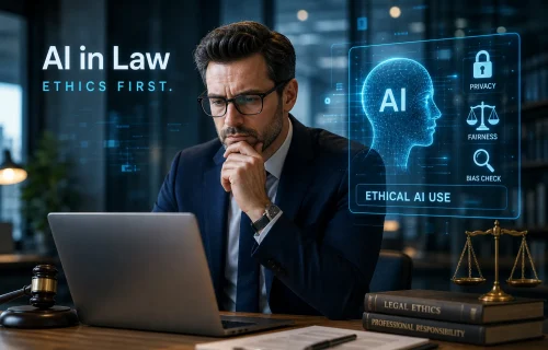 Lawyer at a laptop with a holographic display reading 'AI in Law' and 'Ethics First' alongside an 'Ethical AI Use' panel showing privacy, fairness, and bias check.