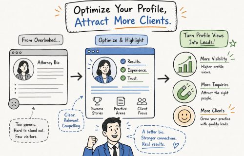 Infographic showing a three-step process to optimize a profile and attract clients: from overlooked bios to a results-focused profile and more leads, visibility, and inquiries.