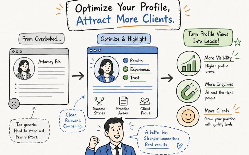Infographic showing a three-step process to optimize a profile and attract clients: from overlooked bios to a results-focused profile and more leads, visibility, and inquiries.
