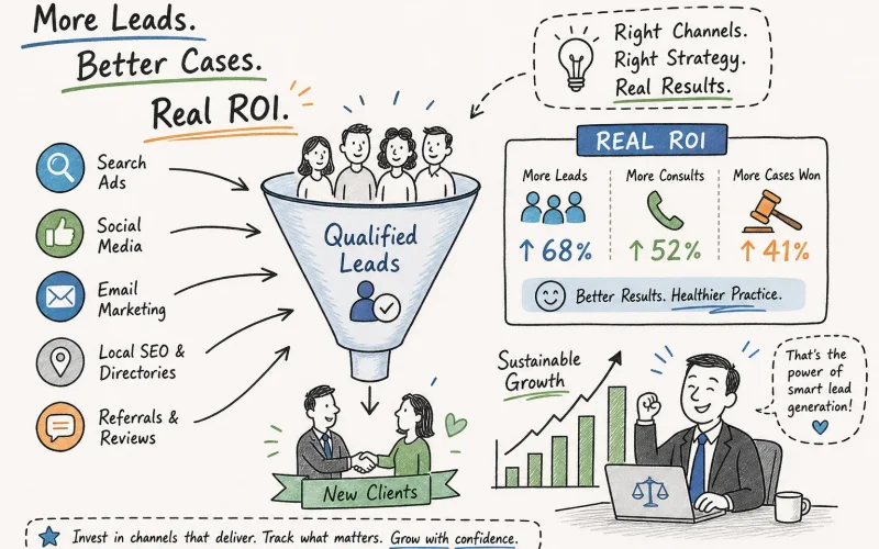 Infographic showing a lead funnel: channels like Search Ads, Social Media, Email Marketing, local SEO, referrals feed qualified leads and new clients growth with ROI box on the right.
