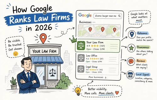 Infographic showing how Google ranks law firms in 2026, with a storefront, a lawyer, a Google search result card, map pins, and icons for relevance, prominence, reviews, and local signals.