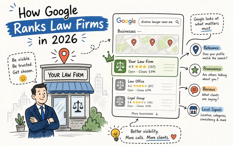 Infographic showing how Google ranks law firms in 2026, with a storefront, a lawyer, a Google search result card, map pins, and icons for relevance, prominence, reviews, and local signals.