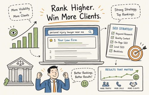Infographic about improving online visibility for lawyers: laptop search results, SEO checklist, rising bar chart, courthouse, and a celebrating attorney with a results graph.