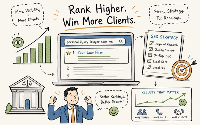 Infographic about improving online visibility for lawyers: laptop search results, SEO checklist, rising bar chart, courthouse, and a celebrating attorney with a results graph.