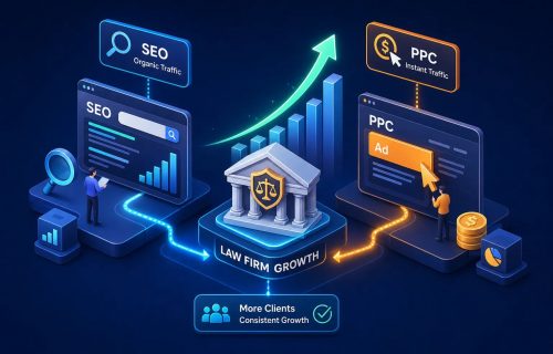 Isometric illustration of a law firm growth concept with SEO and PPC dashboards and upward charts showing increasing performance.