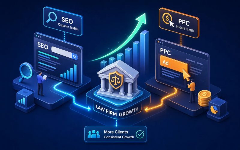 Isometric illustration of a law firm growth concept with SEO and PPC dashboards and upward charts showing increasing performance.