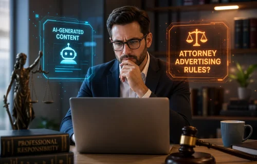 Lawyer in a suit at a laptop, contemplating AI-generated content versus attorney advertising rules shown as holographic panels.]}