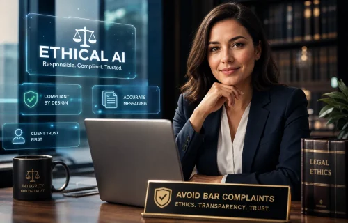 Professional woman in a navy blazer sits at a desk with a holographic display saying Ethical AI and trust-focused features like compliant by design and accurate messaging.