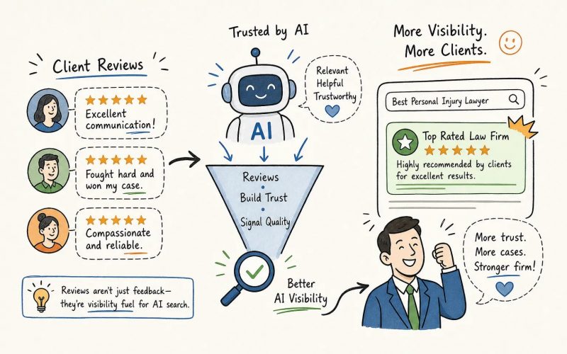 Infographic showing how client reviews feed AI to build trust and visibility for a law firm (reviews -> AI -> better visibility).