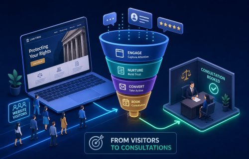 Illustration of a neon funnel showing stages Engage, Nurture, Convert, Book guiding website visitors to a lawyer consultation