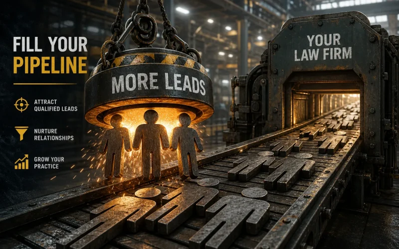 Industrial factory scene where a heavy-duty claw labeled 'MORE LEADS' lowers a group of paper-cutout figures toward a conveyor belt; left panel reads 'FILL YOUR PIPELINE' with bullets about attracting leads, nurturing relationships, and growing your practice, and right panel says 'YOUR LAW FIRM'.